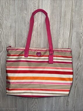 Coach The Weekender Striped Canvas Tote with Pink Handles